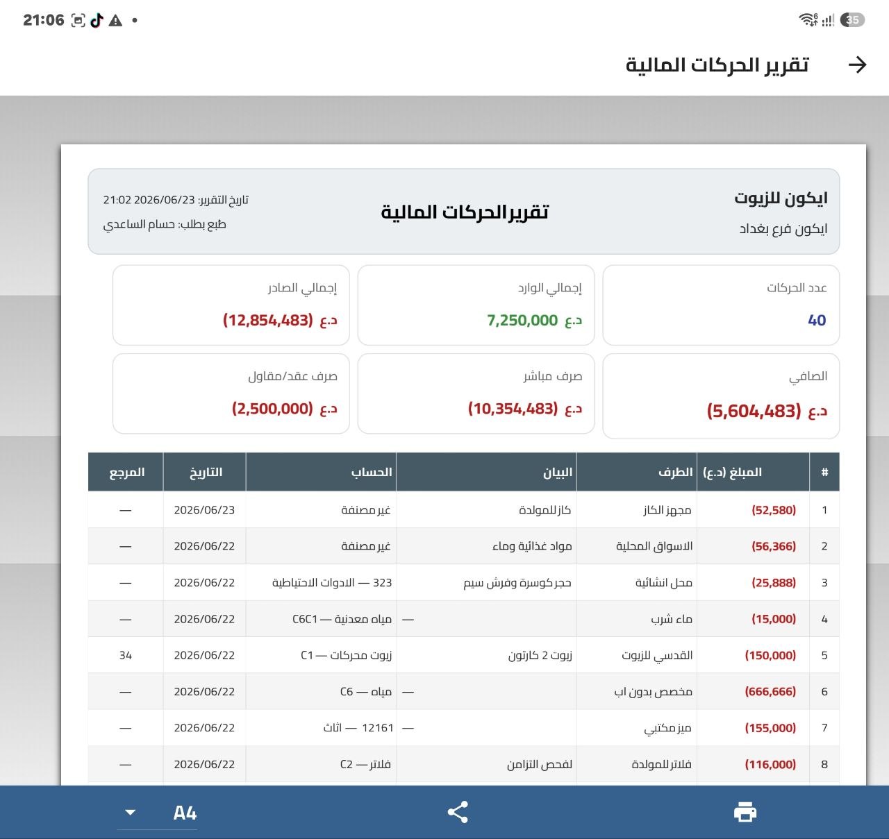 معاينة تقرير الحركات المالية بصيغة PDF في دفترك